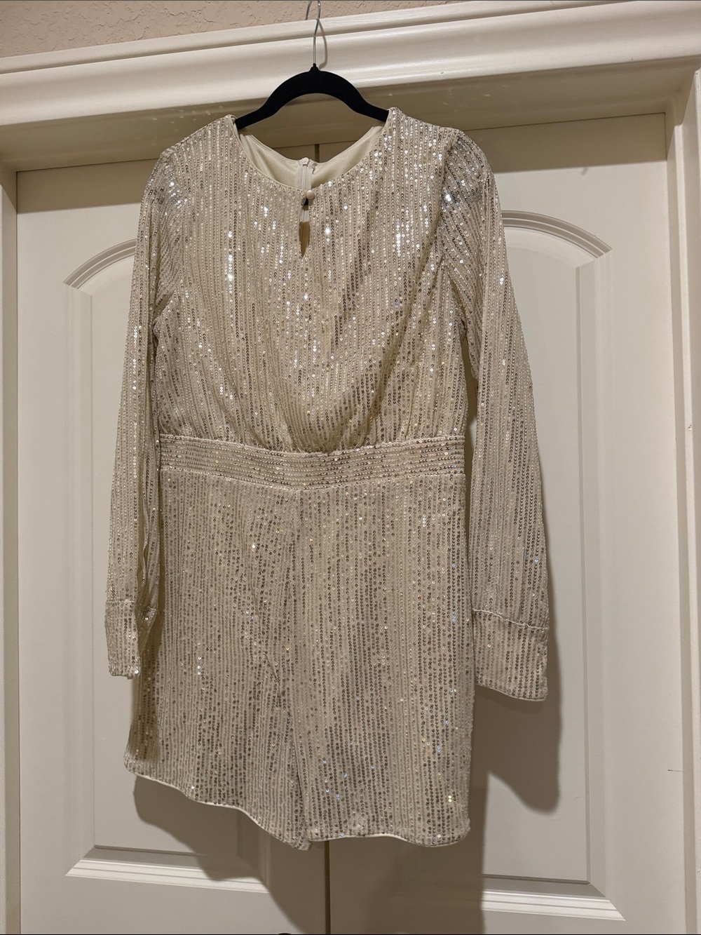 SHEIN Champagne Sequin Romper with Long Sleeves